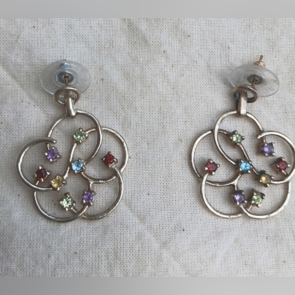 Chakra earrings, silver setting, multi gemstones, post back